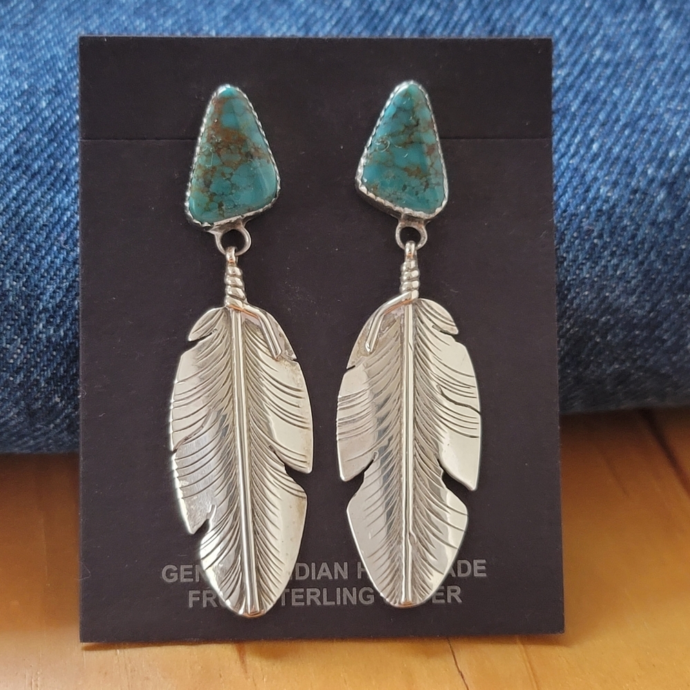 Signed NAVAJO BEN BEGAYE Turquoise Sterling Feather Earrings - Picture 4 of 11